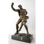 After Frederick Lord Leighton. Athlete wrestling a python. Bronze sculpture on a marble base.