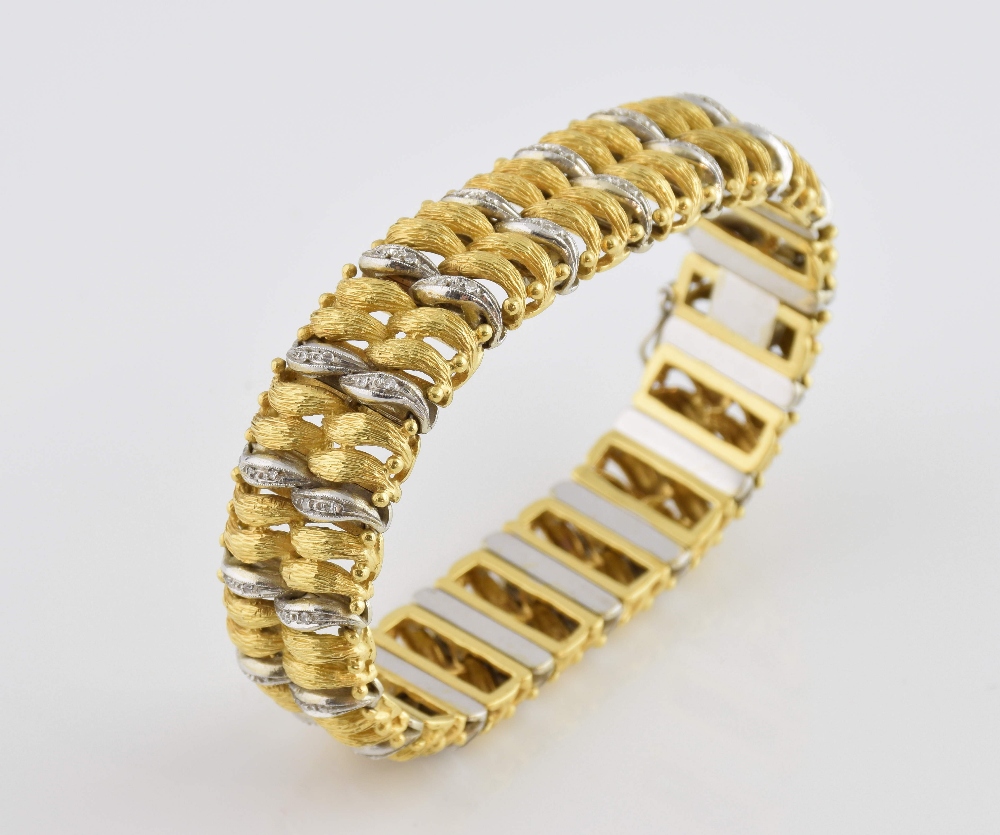 Vintage gold bracelet of textured and diamond set scroll links, measuring 18.5cm in length, with - Image 5 of 6