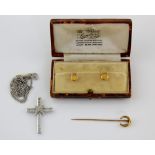 Collection of gold items, horse shoe stick pin stamped 15 ct, diamond and blue topaz cross