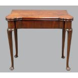 18th century mahogany folding card table on turned legs and pad feet 72cm x 83cm