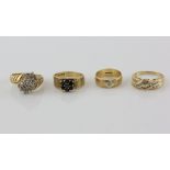 Four gold rings, woven ring set with baguette cut and round brilliant cut diamonds, mounted in