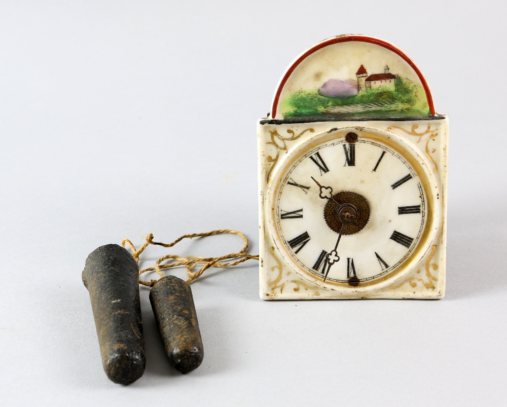 19th Century wall clock with porcelain dial decorated with landscape Face 13 x 9 cm - Image 10 of 12