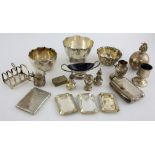 Silver hip flask, three silver bowls, a silver snuff box, a silver card case, and other small silver
