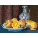 Louis Block (British, 1879-1909), still-life of apples, oranges and salt glazed ewer, signed L.