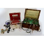 Jewellery boxes containing costume jewellery, bead necklaces, faux pearl necklaces, pendants, rings,