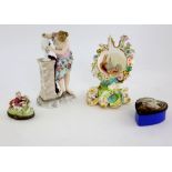 Staffordshire floral encrusted watch stand - 16 cm, a Dresden figure of a woman carving a