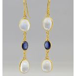 Contemporary moonstone and sapphire drop earrings, oval cabochon cut moonstones and oval faceted