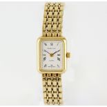 Bueche Girod gold watch, rectangular face with quartz movement on articulated gold bracelet strap,