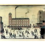 § Laurence Stephen Lowry RBA RA (British, 1887-1976). Mill Scene, coloured print, signed in pencil