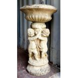 Composite stone planter base in the form of three cherubs, diameter 60cm, 102cm high