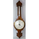 19th century Tunbridge ware rosewood cased barometer with silvered weather dial and thermometer,