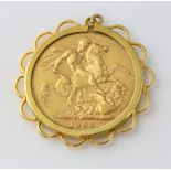 Gold pendant, centrally set with Victorian 1890 sovereign, minted in Melbourne, measuring