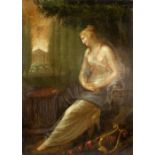 19th century oil on canvas woman in classical dress, unsigned oil on canvas 58cm x 43cm .