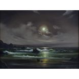 Peter Cosslett (British, b.1927). Moonlit seascape signed oil on board 29cm x 40cm . § Good