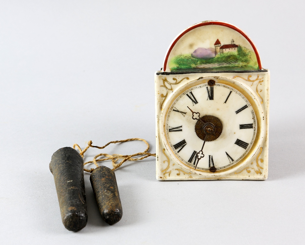 19th Century wall clock with porcelain dial decorated with landscape Face 13 x 9 cm - Image 12 of 12