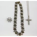 A group of vintage moonstone set jewellery, a star brooch and cross pendant both set in white