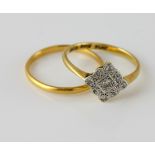 Diamond cluster ring, nine Swiss cut diamonds set in scalloped diamond shaped mount, set in yellow