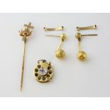 Seed Pearl stick pin with crown and cross, stamped 14ct, with textured drop earrings, with post