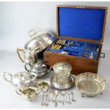 Part canteen of cutlery in oak case, meat cover, biscuit barrel and other items.