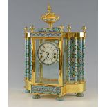 Chinese made, late 19th century French style champleve enamel and brass mantel clock with eight