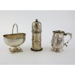 Victorian silver lighthouse sugar castor, by Florence Warden, Chester, 1898, christening mug and a