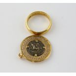 Gold wedding band, 18 ct with internal inscription dated 1901, ring size W, and a coin in yellow