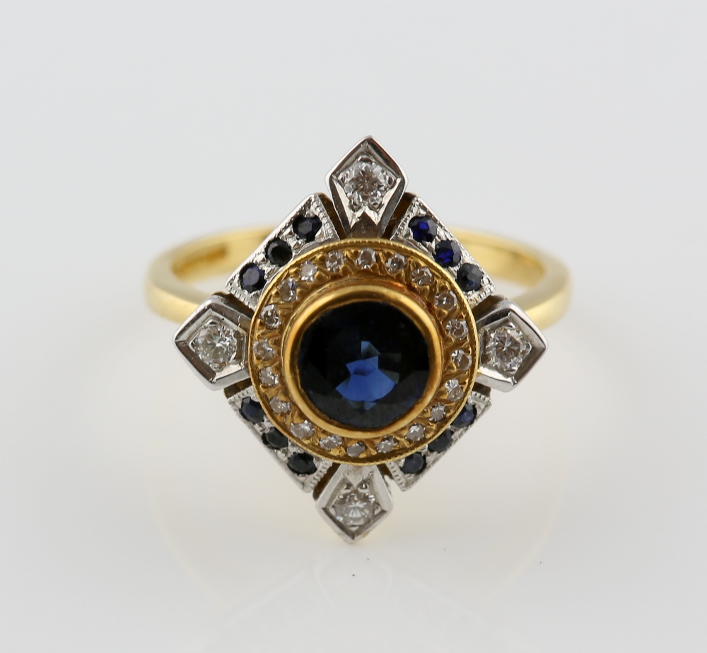 Sapphire and diamond dress ring, central round cut sapphire, estimated weight 1.00 carat, set within - Image 6 of 10