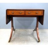19th Century mahogany and satinwood strung sofa table, on twin end support and splayed legs 75 x