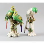 Dresden figure of a parrot 20cm and another of two budgerigars, 20cm .