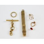 Group of mainly gold items, Victorian T-bar clasp and six links, in 18 ct yellow gold, red enamel