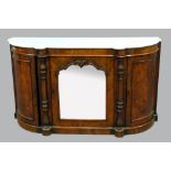 19th century walnut and marquetry inlaid credenza with central mirrored door and white marble top,