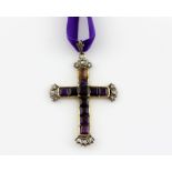 19th C amethyst and diamond cross pendant, ten square cut amethysts and one paste stone, set with