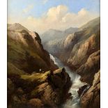 Edward Train (British, 1801-1866), figures in a highland landscape with cliffs and waterfall, signed