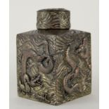 19th century silver plated Chinese tea caddy, decorated with dragon on each side, 11.5 cm high.