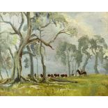 Australian School, 20th century, scene with cowboy and cattle amongst trees, signed with initials '