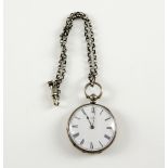 Swiss silver pocket watch, the reverse engraved with flowers, 4 cm diameter, and a watch chain .