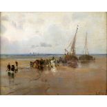Geo. C. Haite, (British, 1855-1924), figures on a beach unloading boats, signed and dated '89, oil