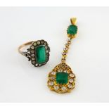 Drop pendant set with green paste and white zircons, mounted in yellow metal stamped 14 ct,