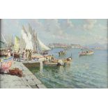 Italian School, 20th century, harbour scene with figures and boats, Mount Vesuvius in the