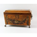 Sheraton revival satinwood two canister tea caddy with painted cartouche of a sleeping cupid and
