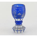 Bohemian blue flash etched glass Masonic firing glass 14cm high.