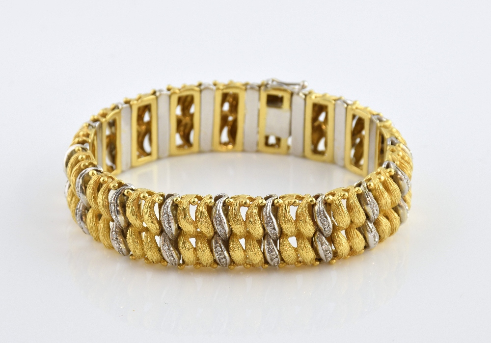 Vintage gold bracelet of textured and diamond set scroll links, measuring 18.5cm in length, with - Image 2 of 6