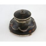 Edward VII silver and tortoiseshell mounted inkwell with floral finial, on four squashed bun feet,