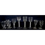 Set of four 19th century century wine glasses with opaque twist stems and five other glasses,