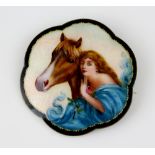 Early 20th enamel brooch, painting of maiden and horse in hexafoil outline, mounted in white metal