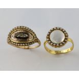 Victorian moonstone and seed pearl cluster ring, mounted in yellow metal testing as 18 ct , size L
