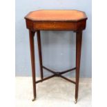 19th century mahogany work table with hinged top, on square tapering legs united by X stretchers,