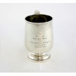 George VI silver mug, with personal inscription to the body, on stepped circular base, by Walker &