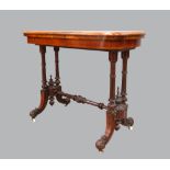 19th Century burr walnut and Amboina folding card table on twin end supports united by stretcher