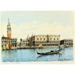 'Marini Venezia', Panorama Near San Marco, over-painted print, signed indistinctly, 26.5cm x 36.